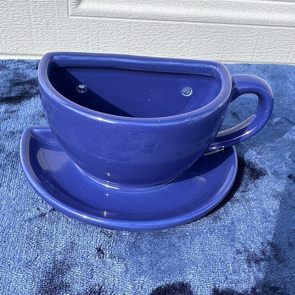 Brand New - Wall Hanging Ceramic Blue Teacup Planter with Saucer